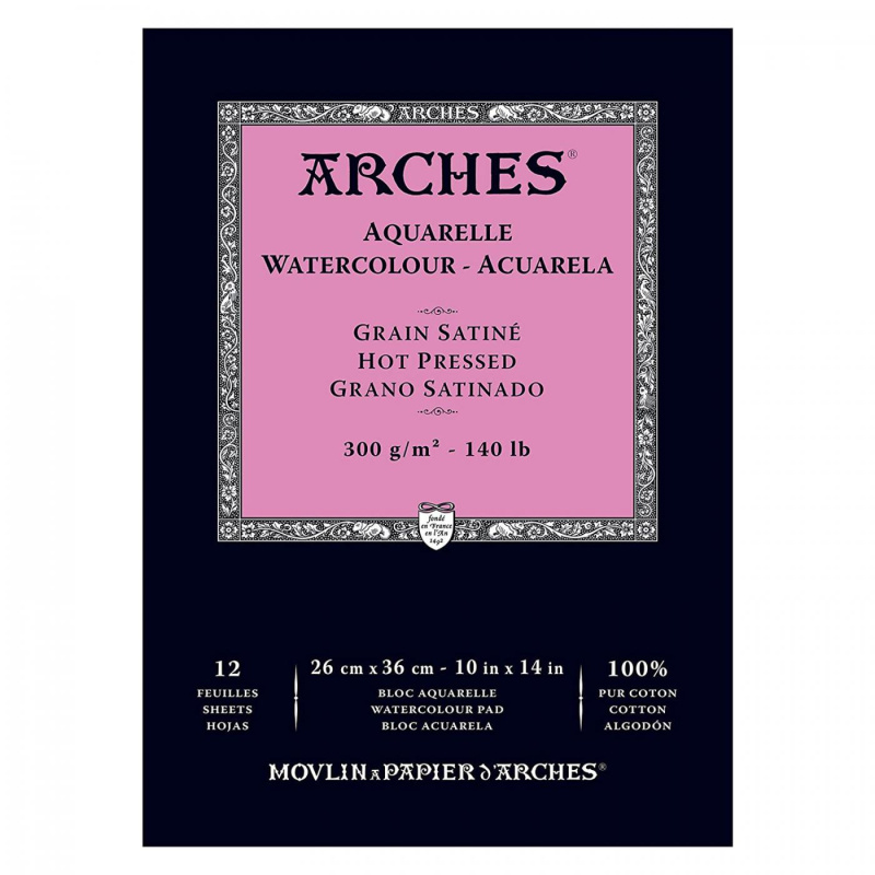 Arches® Hot Press akvarelový skicák – profesionální hladký papír ze 100% bavlny. Arches® Hot Press je prémiový akvarelový skicák určený pro pr