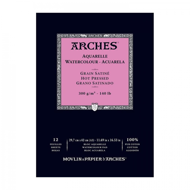 Arches® Hot Press akvarelový skicák – profesionální hladký papír ze 100% bavlny. Arches® Hot Press je prémiový akvarelový skicák určený pro prof