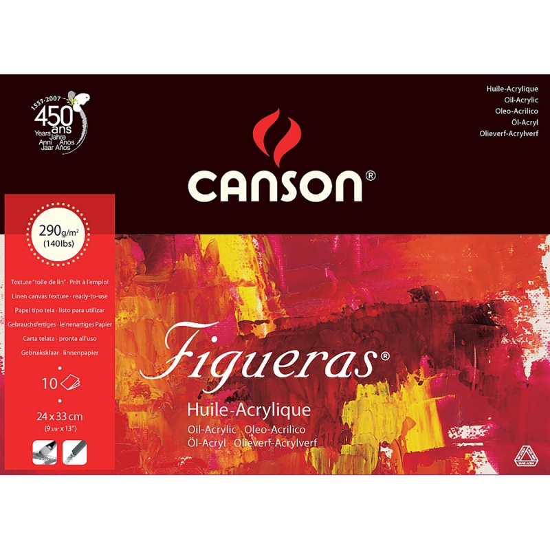 Canson Figueras je lepený skicář s papíry vhodnými pro olejomalbu . Papír má lněnou strukturu, podobnou nataženému plátnu. Gramáž papíru je 290g/m