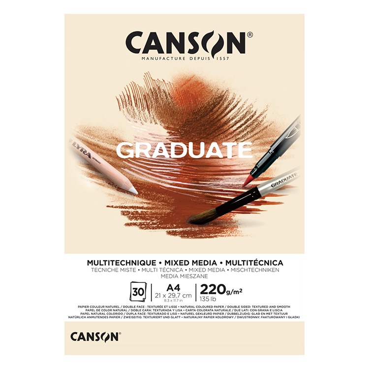 Skicák Canson Graduate Mixed Media Sketchbook je ideální pro různé techniky - skici tužkou, akvarelové skici nebo fixy. Každá strana papíru má jinou 