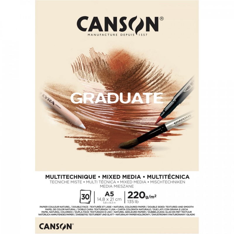 Skicař Canson Graduate Mixed Media je ideální na různé techniky - náčrtky tužkou, akvarelem, nebo fixy. Každá strana papíru má jinou strukturu – z