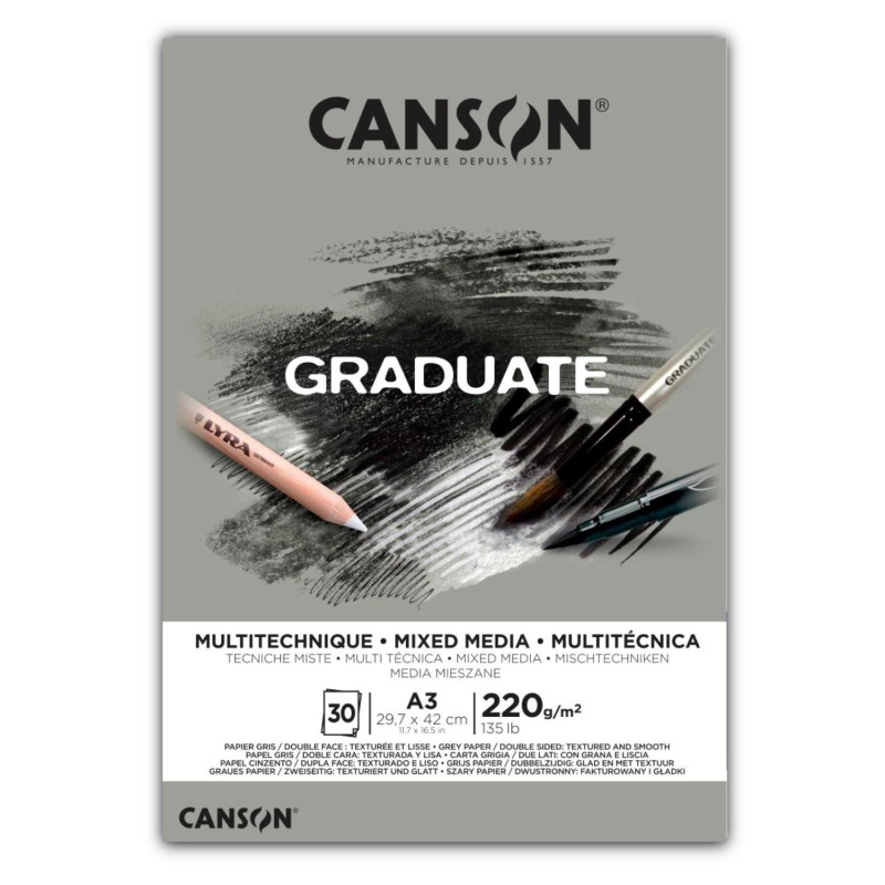 Canson Graduate Mixed Media skicák – sivý papír pro kreslení, malování a mixed media techniky. Canson Graduate Mixed Media je univerzální skicák s si