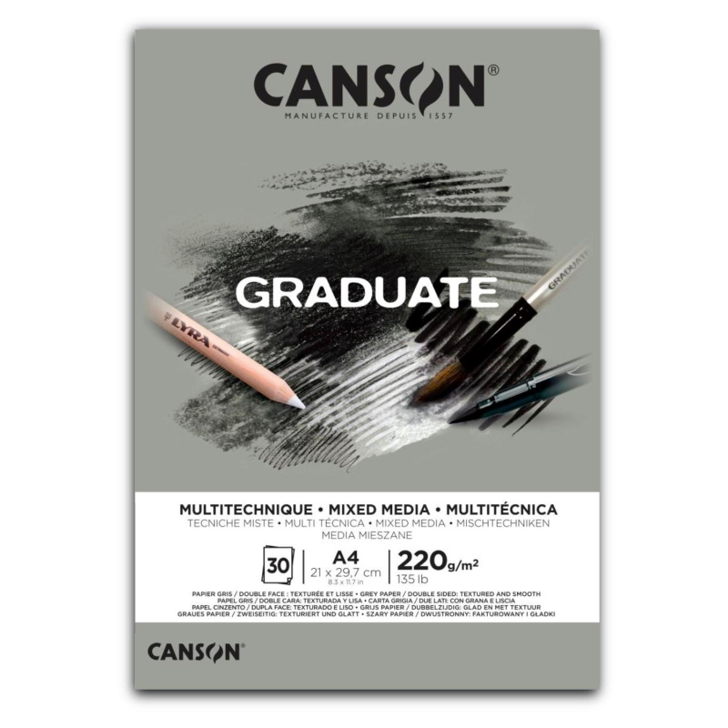 Canson Graduate Mixed Media skicák – sivý papír pro kreslení, malování a mixed media techniky. Canson Graduate Mixed Media je univerzální skicák s si
