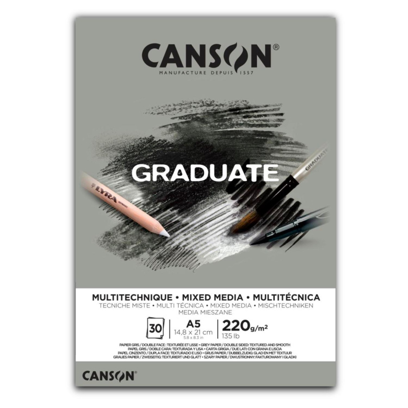 Canson Graduate Mixed Media skicák – sivý papír pro kreslení, malování a mixed media techniky. Canson Graduate Mixed Media je univerzální skicák s si
