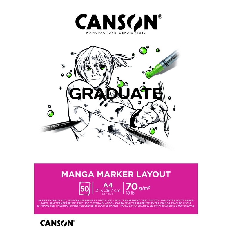Skicař Canson Manga Marker je skicář s poloprůhledným ultra-bílým papírem s velmi jemným povrchem . Obsahuje povrchovou vrstvu, která odolá vodě a b