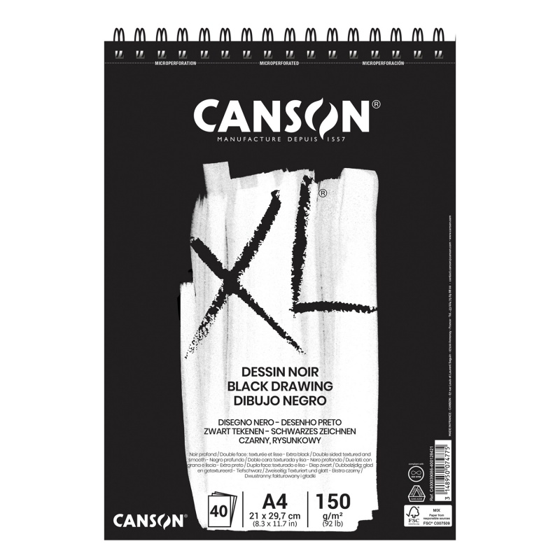XL DESSIN NOIR skicář značky Canson obsahuje černý papír skvělý pro kreslení, skicování a kaligrafii. Krásně na něm vyniknou bledé a metalické o