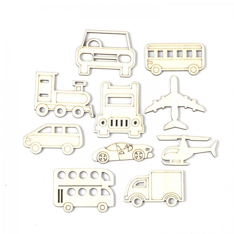 Dřevěné ozdoby v tématu dopravní prostředky využijete při tvorbě vánočních ozdob, při dekorování macramé výtvorů či při scrapbooking projekt
