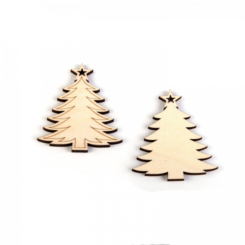 Dřevěné ozdoby ve tvaru stromeček s hvězdou využijete při tvorbě vánočních ozdob, při dekorování macramé výtvorů či při scrapbooking projekte