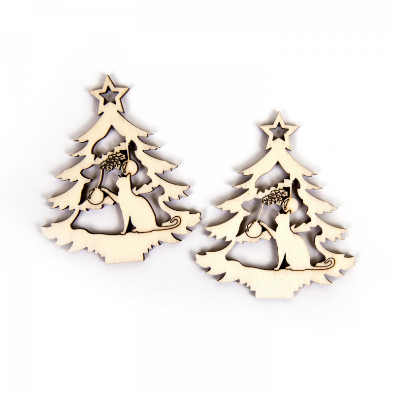 Dřevěné ozdoby ve tvaru vánoční strom s kočkou využijete při tvorbě vánočních ozdob, při dekorování macramé výtvorů či při scrapbooking pro
