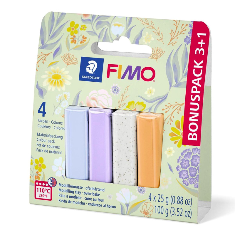 FIMO Soft sada 3+1 BLOOMY – pastelové odstíny. FIMO Soft BLOOMY je praktická sada polymerové modelovací hmoty v jemných pastelových a botanických o