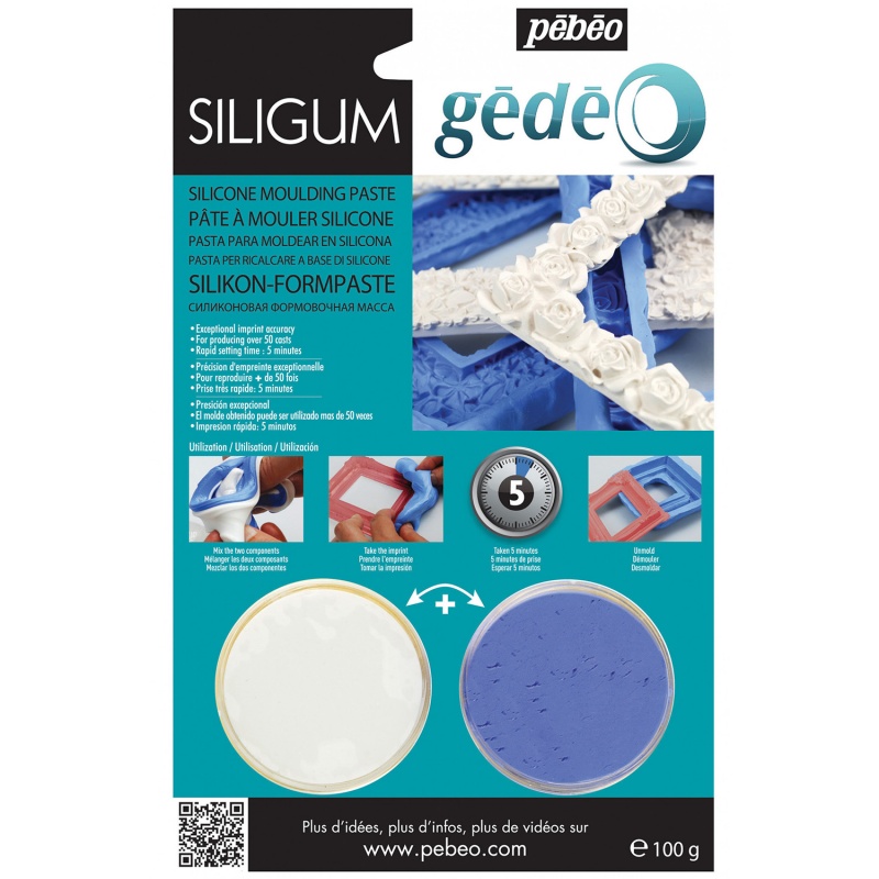 GÉDÉO Siligum je dvousložková , rychle tuhnoucí (10 minut) silikonová pasta , která se používá k vytváření forem převážně malých předmětů (