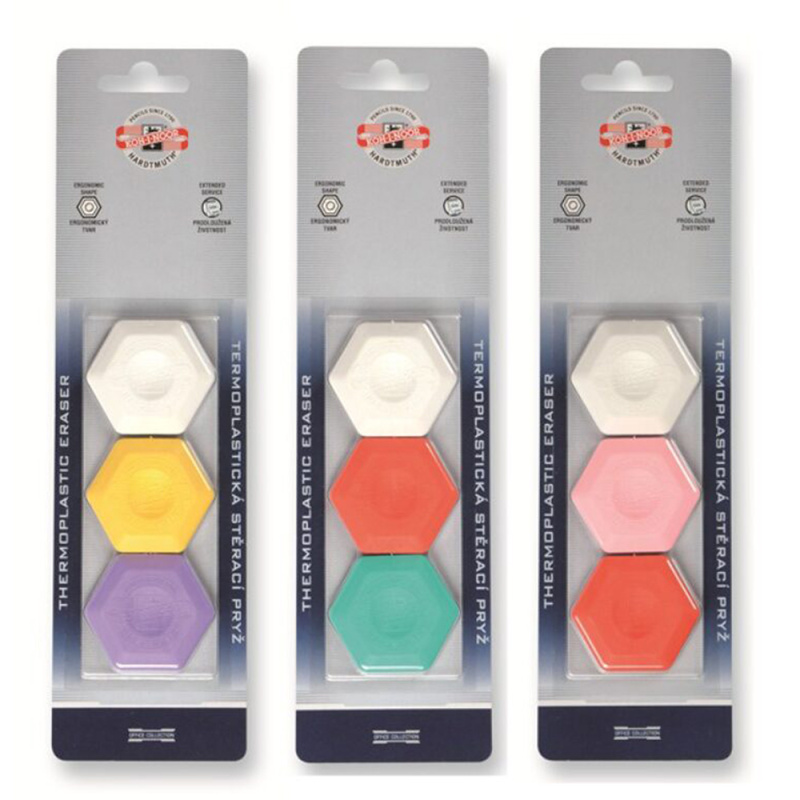 Termoplastická guma Koh-i-noor je guma ve tvaru šestiúhelníku. Balení obsahuje tři gumy vyrobené z pevného materiálu, který zajišťuje tvrdost gumy a