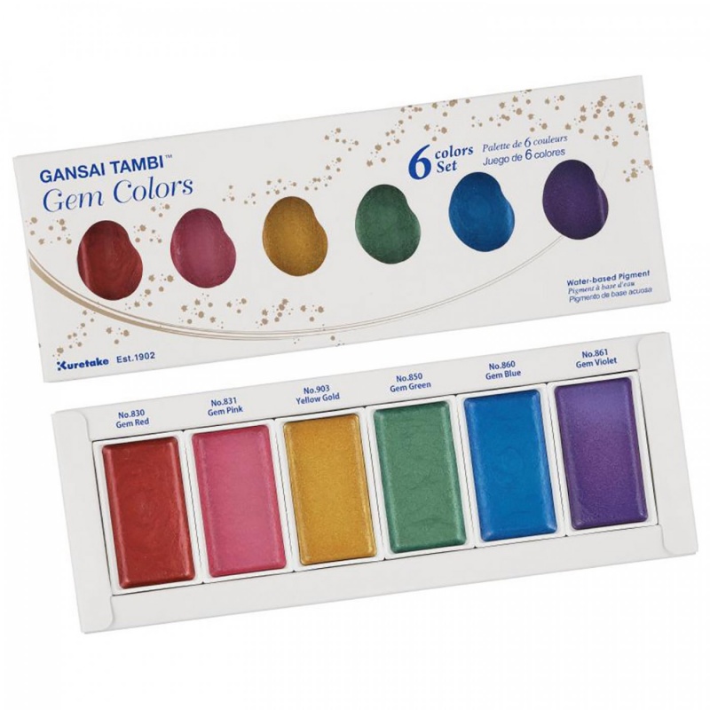 Gansai Tambi Gem Colors od společnosti Kuretake jsou akvarelové barvy, které obsahují metalický pigment s třpytivým leskem. Jsou určeny pro profesionál