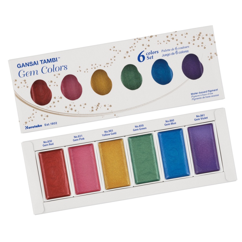 Gansai Tambi Gem Colors od společnosti Kuretake jsou akvarelové barvy, které obsahují metalický pigment s třpytivým leskem. Jsou určeny pro profesionál