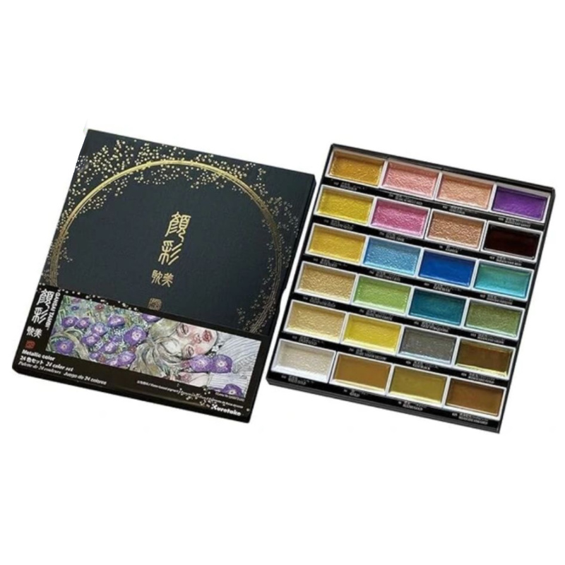 Akvarelové barvy GANSAI TAMBI od společnosti Kuretake přinášejí sadu 24 akvarelových barev, včetně 18 metalických a 6 duhových, které se mění v z