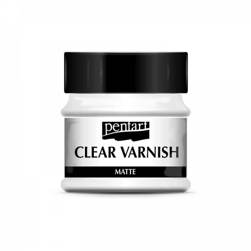 Clear varnish je syntetický bezbarvý lak, který schne velmi rychle. Kromě lesklého laku Pentart vyvinul také matnou verzi, díky čemuž mají dekorované