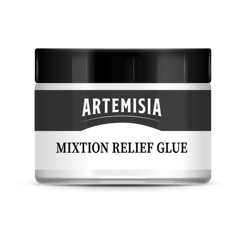 Artemisia Mixtion Relief Glue je lepidlo na vodní bázi speciálně vyvinuté pro zdobení kovových fólií a kovových vloček. Po zaschnutí se stává prů