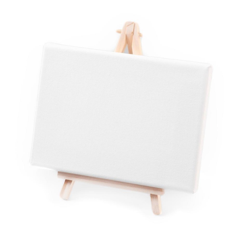 Mini malířské plátno o rozměrech 18 x 13 x 1,6 cm natažené na dřevěném rámu je dodáváno spolu s milým dřevěným stojanem o rozměrech 20 x 12 cm