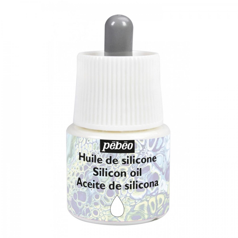 Silikonový olej francouzské značky Pébéo (PEBEO silicone oil) se používá v kombinaci s tekutým pouring médiem a akrylovými barvami při technice Pour