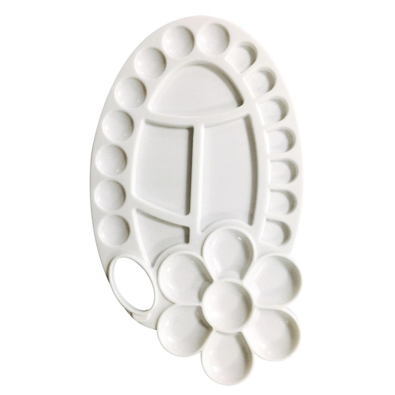 Plastová paleta ve tvaru květiny s 26 různými pohárky. Kalíšky mají různé velikosti pro různé použití. Uprostřed palety je větší prostor pro v