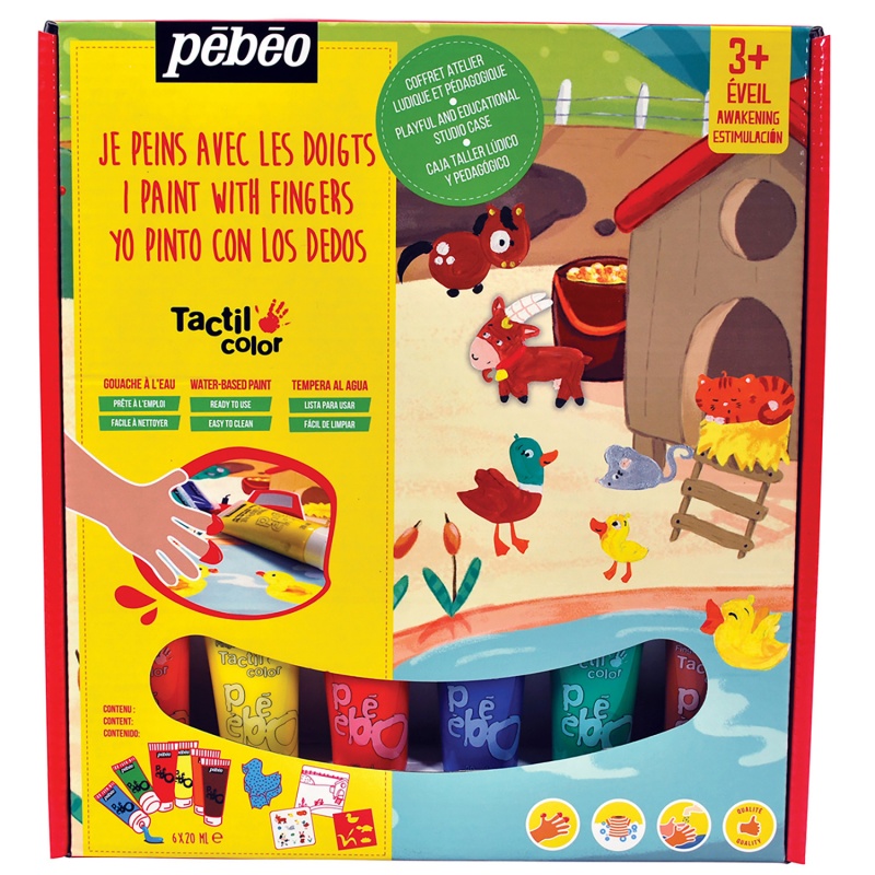 Tactilcolor sada obsahuje prstové barvy od Pébéo. Jsou vhodné pro děti od tří let a formou hry pomáhají dětem učit se rozlišovat barvy , podporovat 