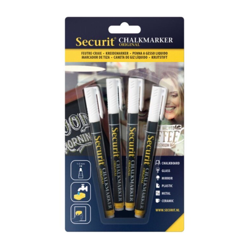 Sada 4 křídových fixů Securit vám pomůže s domácími i pracovními projekty, jako je psaní poznámek na tabule, zdobení zrcadel, oken nebo stěn kří