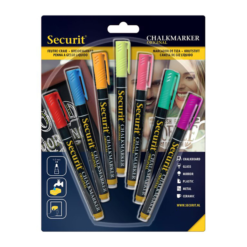 Sada 7 křídových fixů Securit pomůže při domácích i pracovních projektech jako je zapisování poznámek na tabule, zdobení zrcadel , oken či stěn 