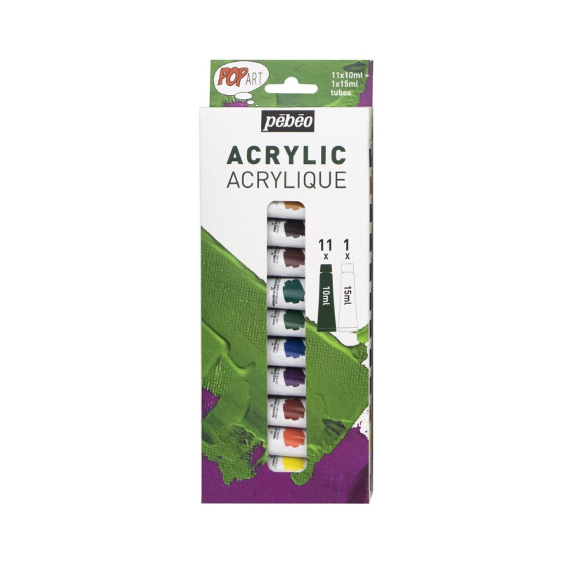 Sada 12 akrylových tub ve stylu pop-artu pro studenty. Barvy mají matný saténový povrch. Perfektní startovací sada, ideální pro začátečníky, hobby 