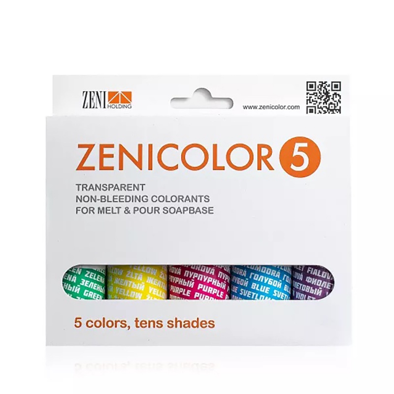 Sada barviv do mýdlových hmot značky ZENICOLOR je praktická sada pěti barev pro zabarvení průhledných a bílých typů mýdlových hmot. S jejich pomoc