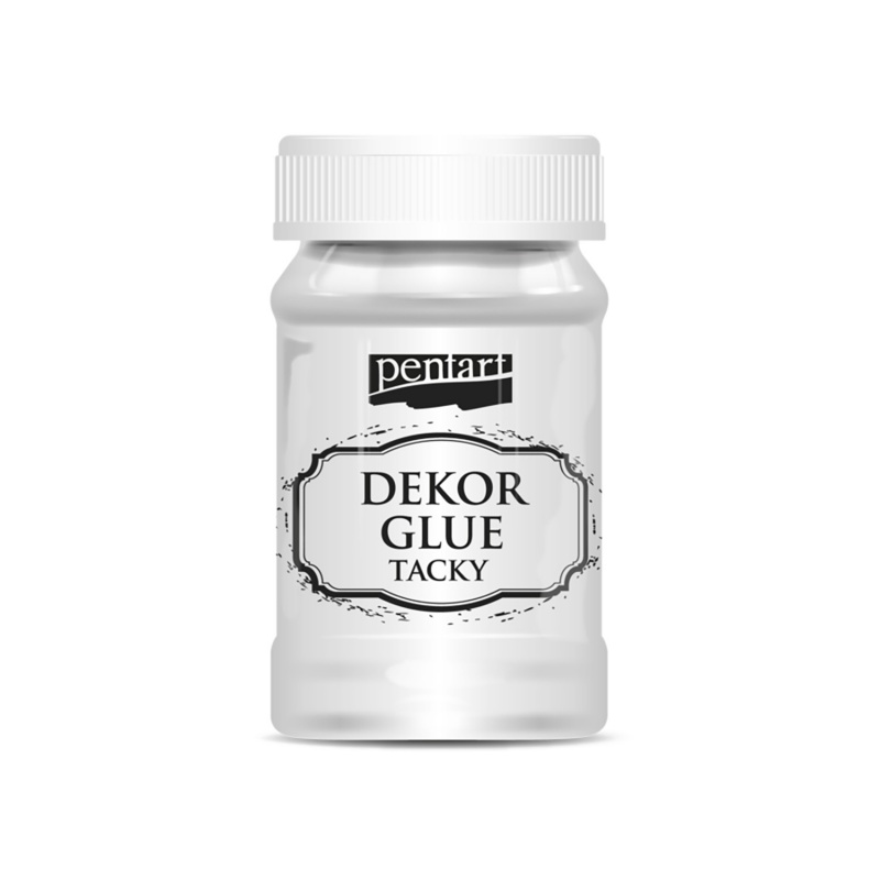 Samolepící lepidlo Dekor Tacky Glue je lepidlo na vodní bázi , které po zaschnutí vytváří samolepící povrch vhodný ke zdobení metalickými plátky 