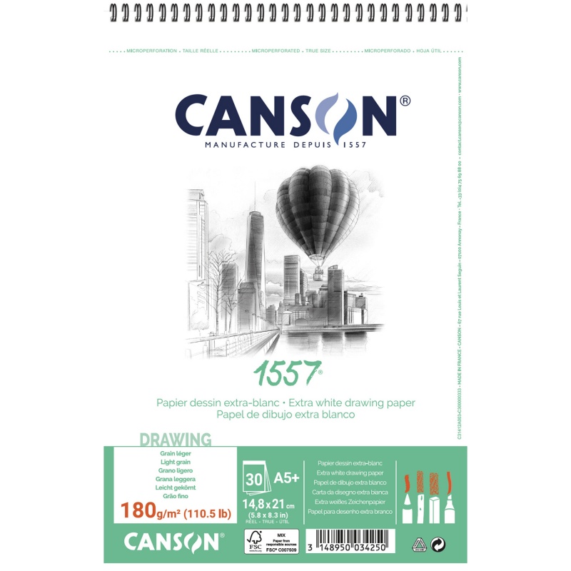 Canson 1557 je skicář v kroužkované vazbě s listy papíru s gramáží 180g/m 2 . Listy papíru mají velmi jemnou zrnitou strukturu, proto jsou vhodné ze