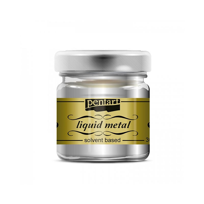 Tekutý kov od společnosti Pentart je syntetická barva s vysokým obsahem pigmentu, která imituje dokonalý kovový povrch.
Použití: Před použitím teku