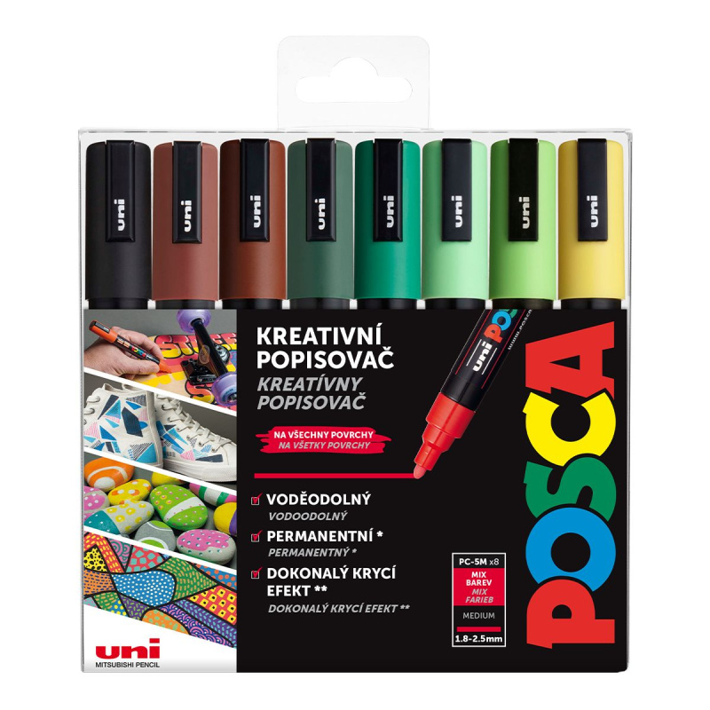 Popisovač Uni Posca PC-5M je jedním z nejoblíbenějších typů popisovačů Uni. Popisovač Posca má 2,5mm kulatý hrot, který vytváří středně silné
