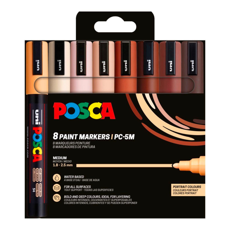 



POSCA PC-5M Set 8 ks PORTRAIT obsahuje 8 kvalitních akrylových popisovačů se středním kulatým hrotem ve pečlivě vybraných portrétních odst