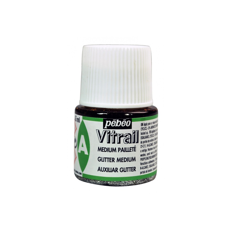 Vitrail Glitter medium (Třpytivé médium) od Pébéo se používá k míchání s barvami Vitrail pro dosažení třpytivého efektu.
Třpytivé médium Vitr