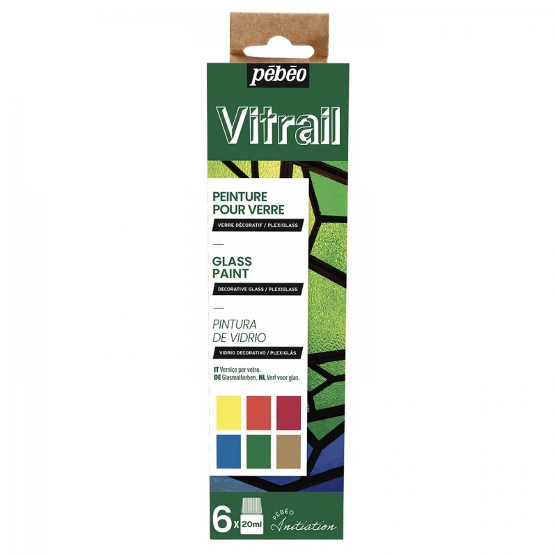 Barvy Vitrail od Pébéo jsou transparentní nebo neprůhledné (opaque) barvy založené na rozpouštědlech vhodné pro povrchy jako sklo, kovy, plátno, plex