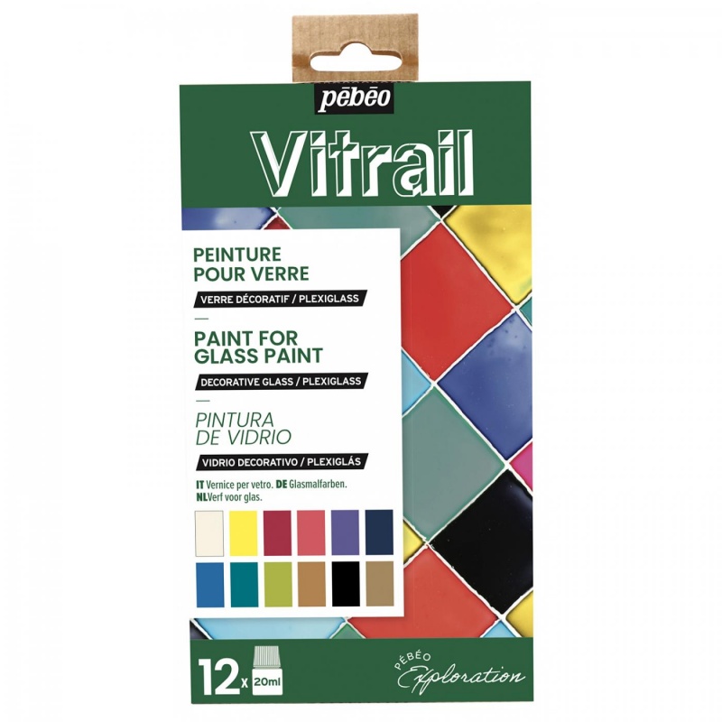 Barvy Vitrail od Pébéo jsou transparentní nebo neprůhledné (opaque) barvy založené na rozpouštědlech vhodné pro povrchy jako sklo, kovy, plátno, plex