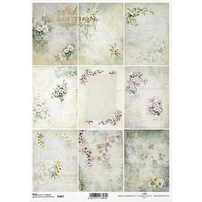 Rýžový papír na decoupage, A4, jarní květiny v rámech