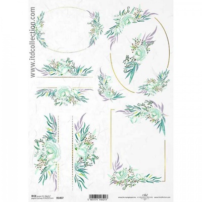 Rýžový papír na decoupage, A4, květiny a rámy zelené