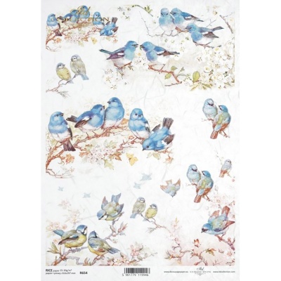 Rýžový papír na decoupage, A4, modré ptáčci na větvích