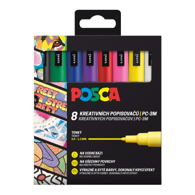 Uni POSCA, PC-3M, 1,3 mm, sada 8 fixů, BASIC 