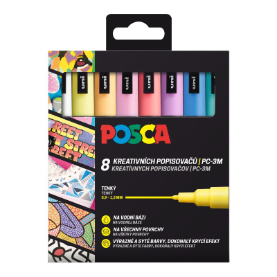 Uni POSCA, PC-3M, 1,3 mm, sada 8 fixů, PASTEL 