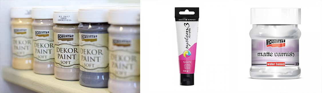 Produkty, které budeme potřebovat na vyzdobení židle, jsou křídové barvy Decor paint v ledově modré, bílé a černé, stejně jako neonové barvy D&R system 3 v žluté a růžové barvě a nakonec matný lak.