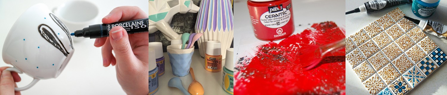 Čtyři obrázky s barvami Porcelaine 150, s fixkou Porcelaine 150, s konturou Porcelaine 150 a barvou na keramiku Ceramic.