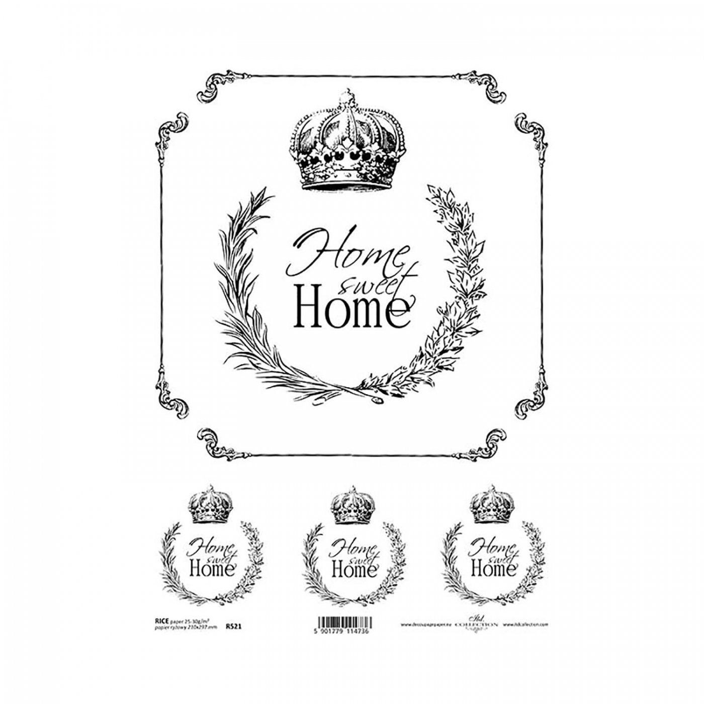 Rýžový papír na decoupage, A4, Home sweet home BW2