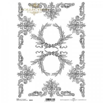 Rýžový papír na decoupage, A4, ornamenty s květinami