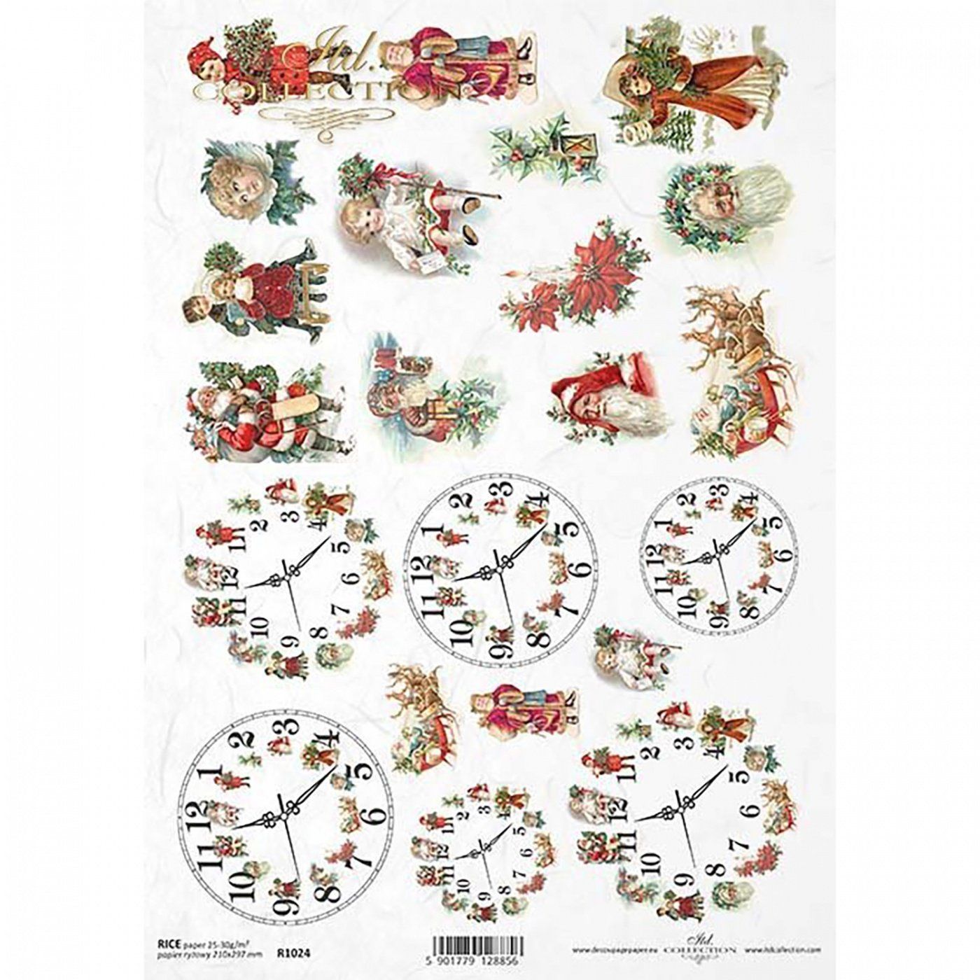 Rýžový papír na decoupage, A4, vánoční postavičky a hodiny