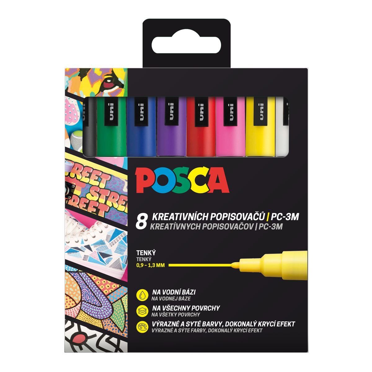 Uni POSCA, PC-3M, 1,3 mm, sada 8 fixů, BASIC