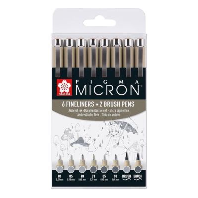 SAKURA Pigma Micron fineliner, sada 6 ks + 2 ks, světle studená šedá a studená šedá