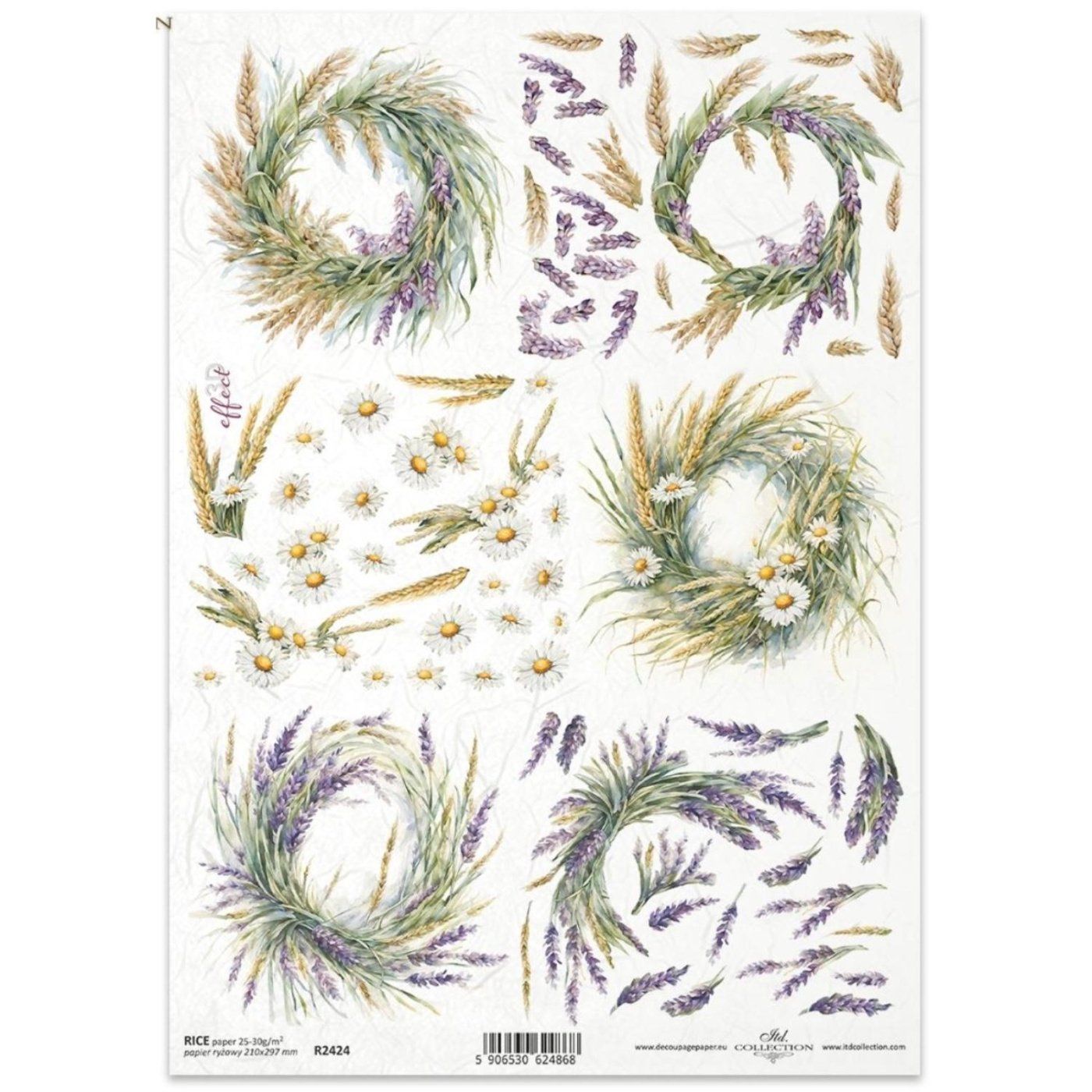 Rýžový papír na decoupage, A4, motiv levandulový věnec